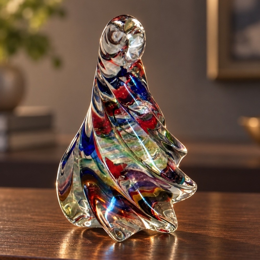 Multicolor Swirl Art Glass Sculpture Ribbon Abstract Flame Paperweight Figurine